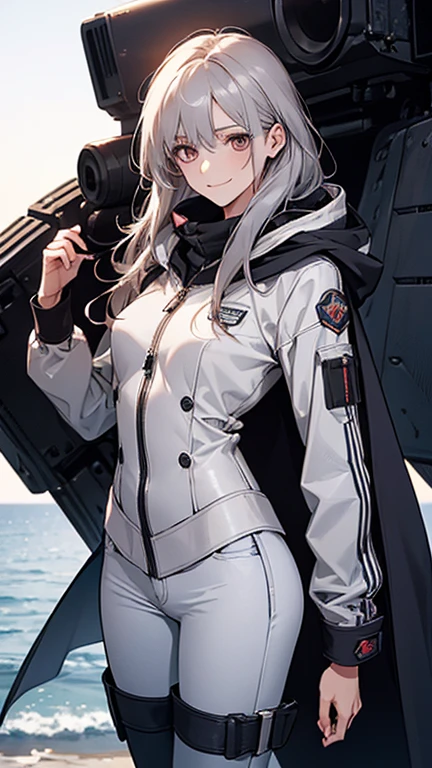 (Confused, High resolution, Very detailed), 1 female, Silver Hair,Long Hair,Reddish brown eyes,boots,Wearing a hood,navy long coat,Skinny jeans,Black and white pilot suit,,Small breasts,24-years-old,Beautiful woman,Adult female,,thin,quiet,Calm,A small smile,Coast at dawn