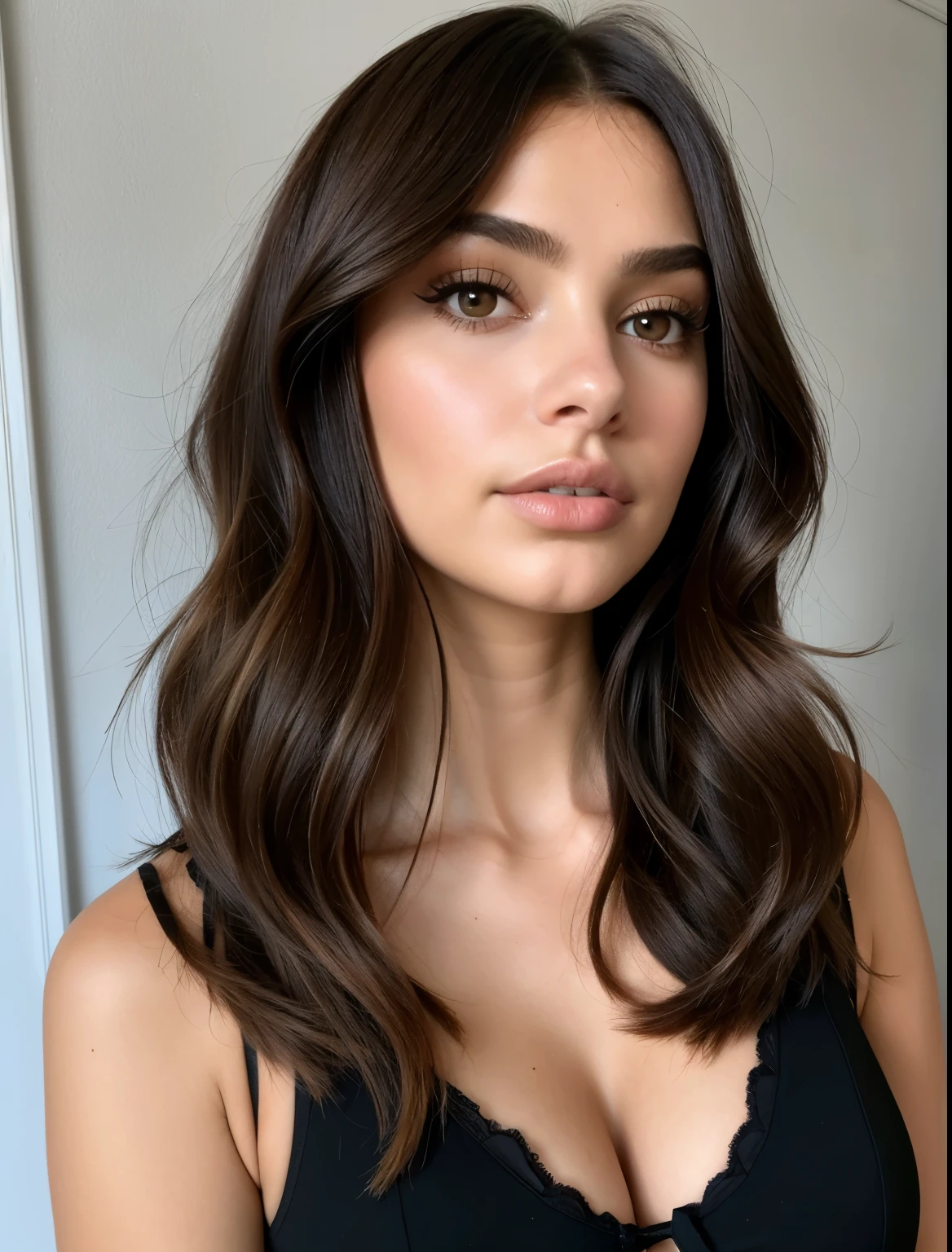mulher arafed com longos cabelos castanhos e um top preto, Retrato Sophie Mudd, franja de cortina, Angelina Stroganova, julia sarda, cabelos ondulados na altura dos ombros, Emily Ratajkowski, franja de cortina de parte central, Retrato Emily Ratajkowski, Olivia de Bernardinis, Poarch bonito, Taran Dasha, Barbara Palvin