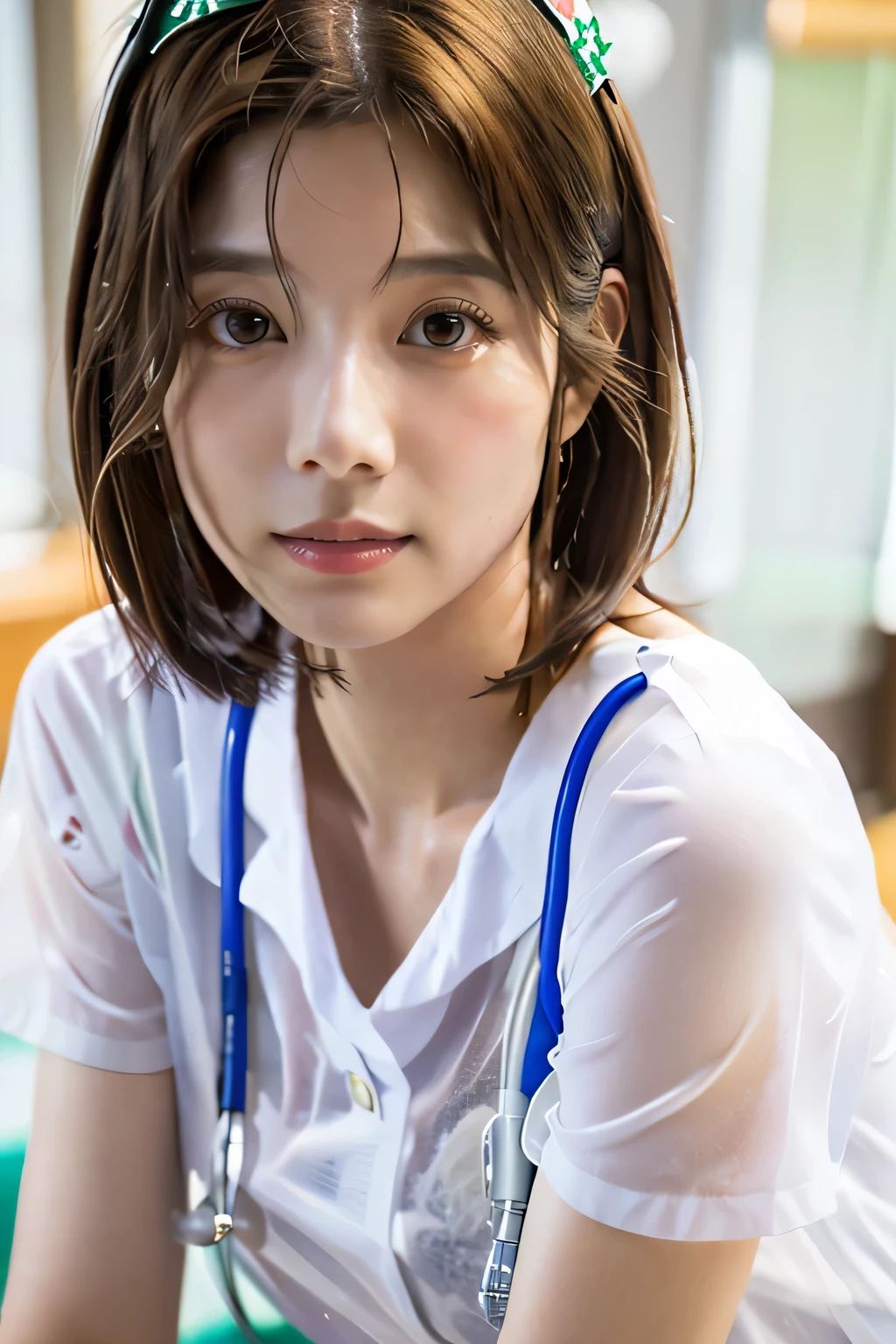 highest quality, Photorealistic, Very detailed, finely, High resolution, 8K Wallpaper, Professional, High level of detail, ((One 18 year old girl:1.2)), Slender Japanese women,Pretty lips, (Long eyelashes:1.2)、Detailed clavicle, Perfect Face, (Cute short bob hair:1.5),Top Quality，Ultra-clear resolution，Clear Eyes，Sunburned skin，Perfect large breasts，have perfect legs，Focus on the legini skirt、(A thin, see-through white nurse uniform:1.5)、Sexy pose in hospital room、