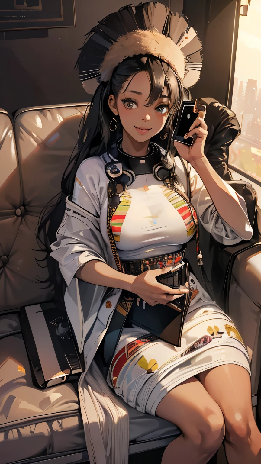 (absurdres, highres, ultra detailed),masterpiece,best quality,high resolution,8k,Realistic face,Realistic skin texture,magnified textures, stunning clarity,detailed anime girl,(african aborigine:1.45)16 years old,big breasts,sitting on luxulary sofa,(have a smartphone:2),smile,laugh,Belly button、ultra detailed eyes and faces