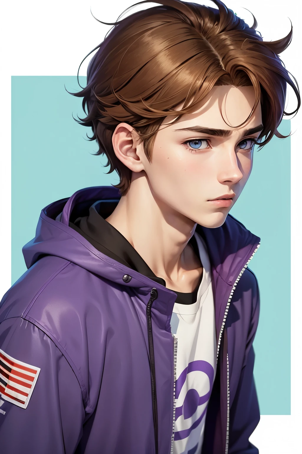  "In a flat 2D anime style, front profile of an anime older teenage boy with brown hair, hazel eyes, culry hair ,set against a background of blue and purple skies."