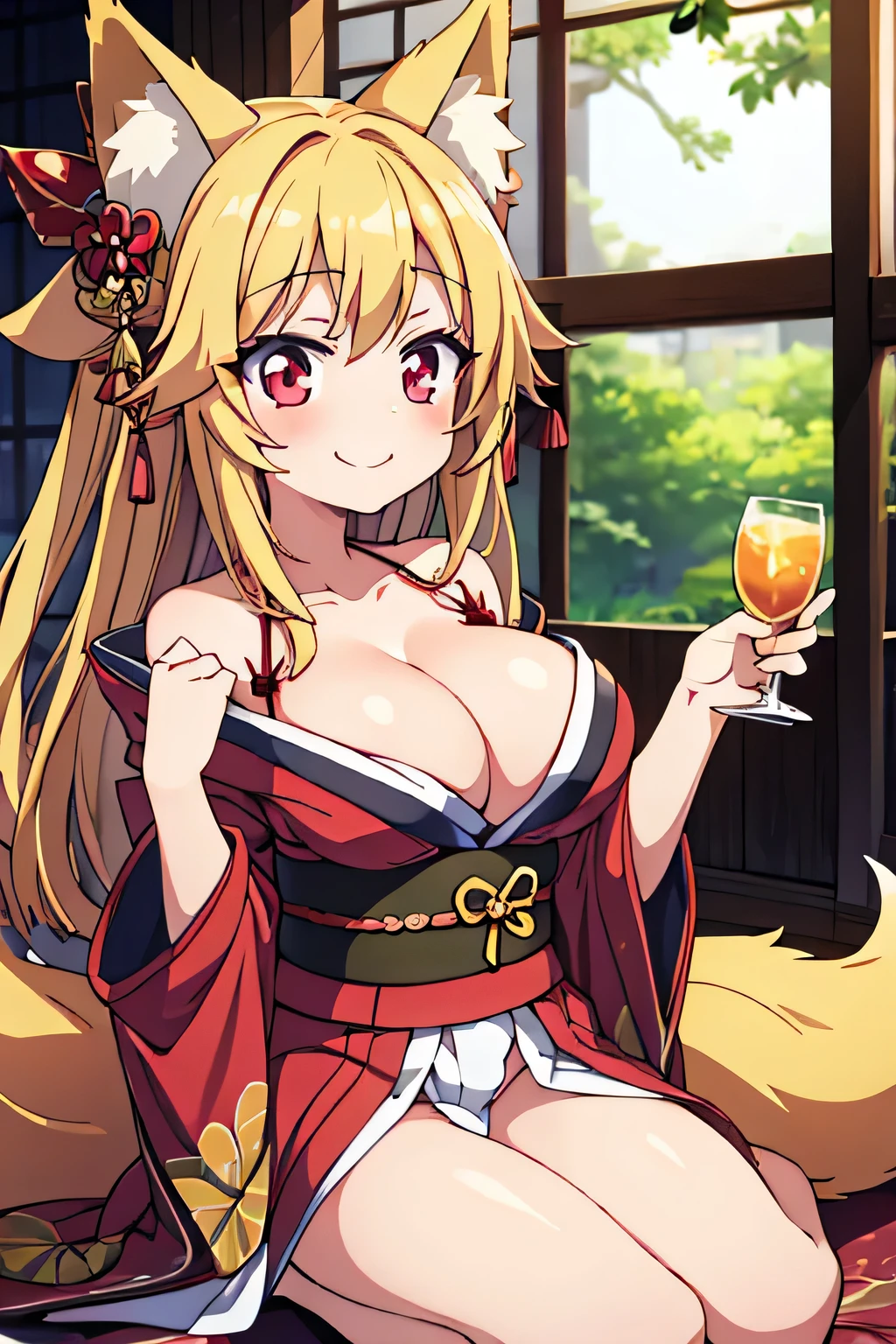 highest quality、Big Breasts、Cleavage、Fox ears、Long blonde、Red Eye、kimono、smile