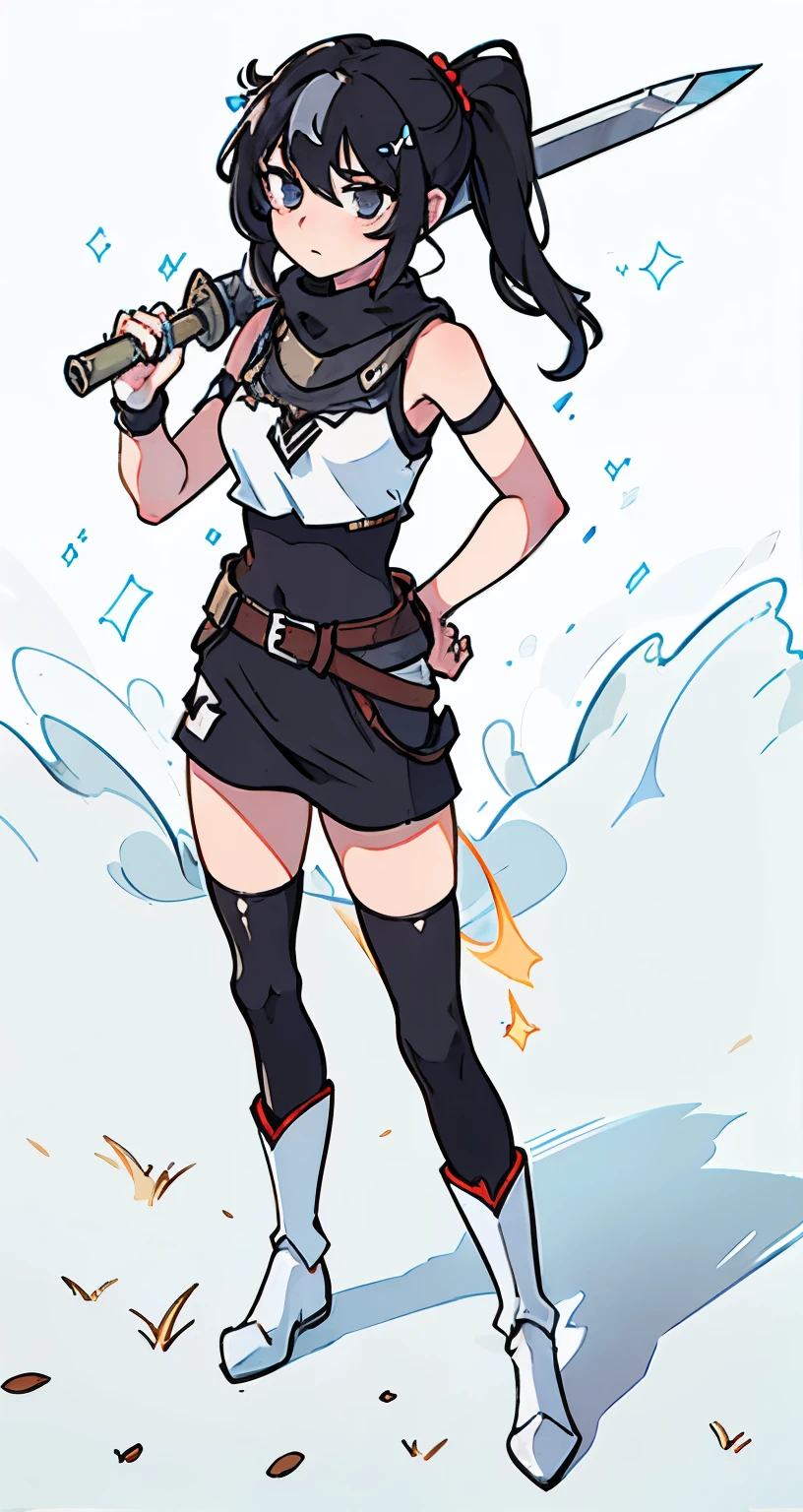 1girl, knight, tsundere, black hair, long hair, eyes black, underwear, sword, skrit black, boots white