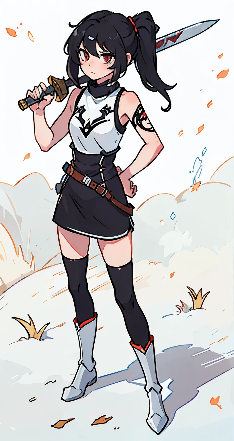 1girl, knight, tsundere, black hair, long hair, eyes black, underwear, sword, skrit black, boots white
