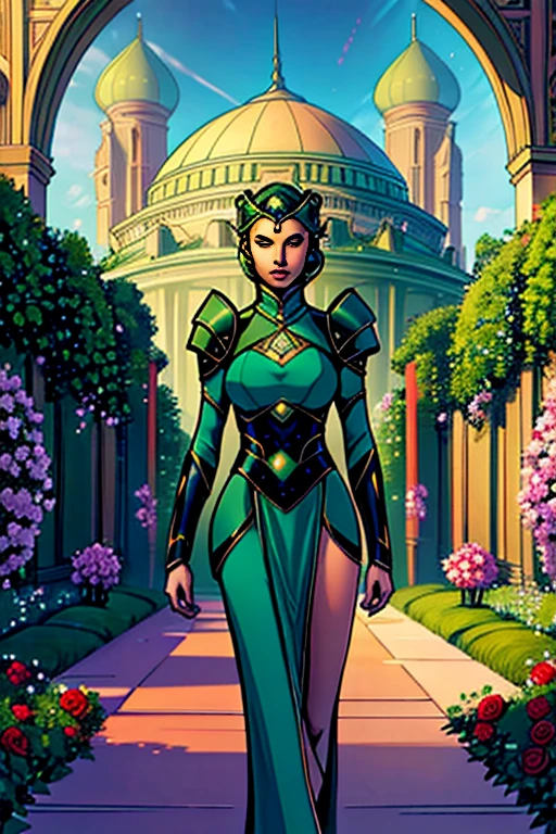 A futuristic young and elegant empress dressed in green and sky blue is walking among a garden of roses,  science fiction background,digital art
