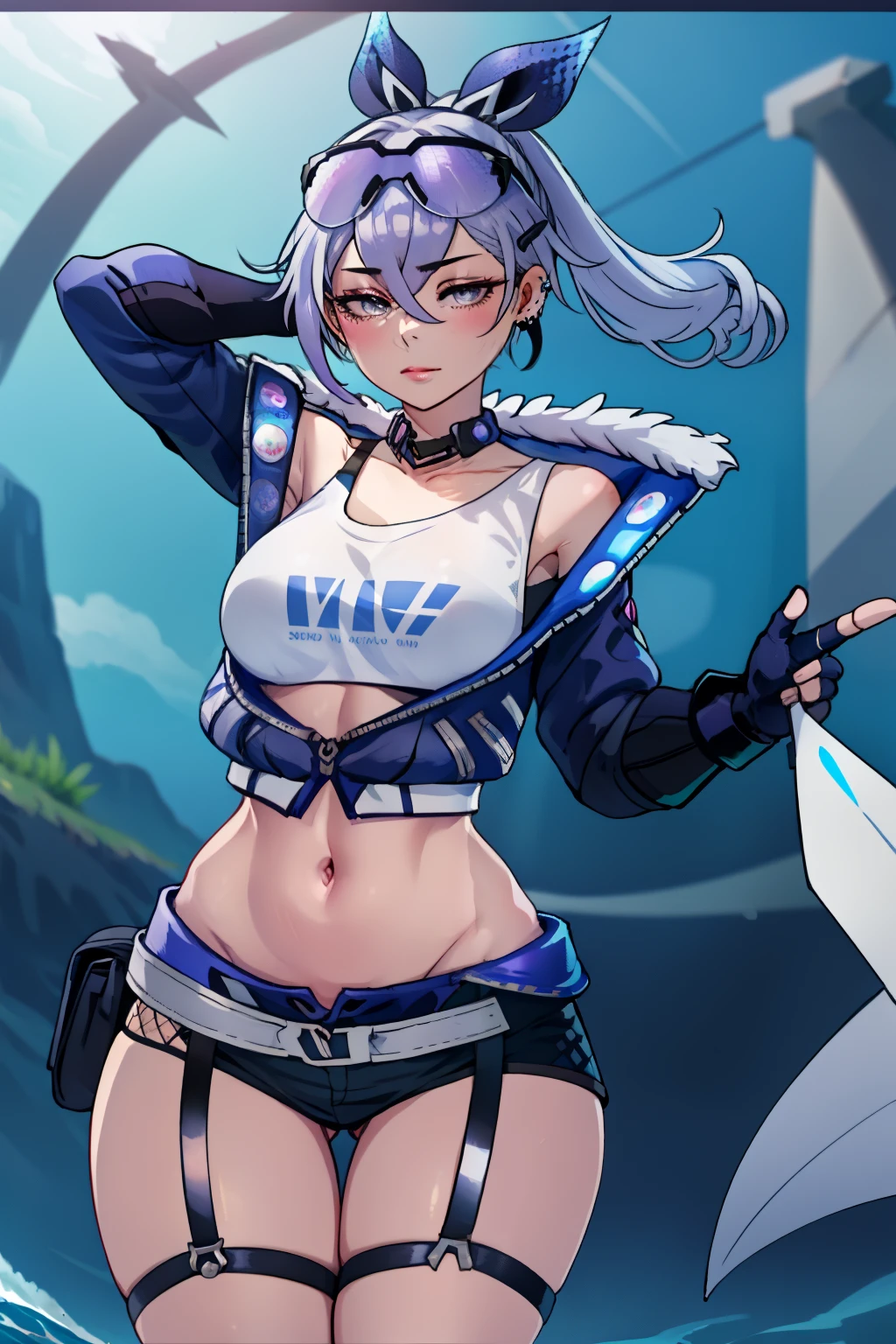 masterpiece, Best quality, SilverwolfV5, 1 girl, One, I look at the viewer, shirt, hair ornament, gloves, navel, split, bare shoulders, Jewelry, medium breast, jacket, hair ribbon, white shirt, hips, earrings, open clothes, shorts, without sleeves, necklace, black gloves, hairclip, life, fingerless gloves, armpits, from the shoulder, stomach, open jacket, crop top, without sleeves shirt, thigh strap, black shorts, Sunglasses, fishing nets, glasses on head, open fly, micro shorts, soap bubble, chewing gum,