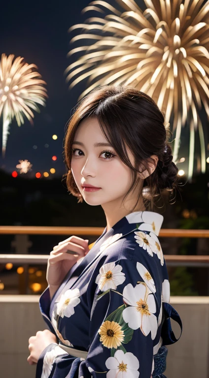 masterpiece, highest quality, figure, Very detailed, In detail, High resolution, 8k wallpaper, Perfect dynamic composition, Beautiful fine details, yukata, Fireworks Background