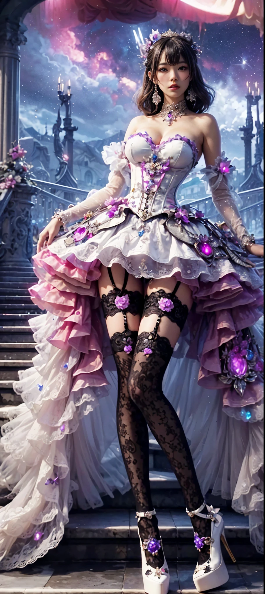 An asian woman with loose hair, standing on the stairs in the middle of a magical atmosphere, with a predominantly white and black costume, a strapless corset-style dress decorated with bright purple jewels, a short tutu skirt, black thigh-high stockings with lace tops and ornaments purple jewels, white high heels with gold decoration, grand staircase background under mysterious sky full of stars and celestial bodies, hyper realistic, hyperdetailTransparent clothing, Detailed gemstones, masterpiece, best quality:1.2),,(8k,highres,RAW photo,realistic,photo-realistic:1.3),(detailed skin texture,detailed cloth texture,detailed flame texture, beautiful detailed face:1.25),professional lighting,photon mapping,beautiful soft light,radiosity,physically-based rendering,raytracing, model shoot style, model shoot style, (extremely detailed CG unity 8k wallpaper), full shot body photo of the most beautiful artwork in the world (NSFW), (Nude), (Naked), (Nipple) (pussy) 