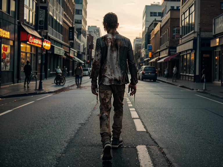 one zombie,walking on the road,head into the city in front,masterpiece,highquality