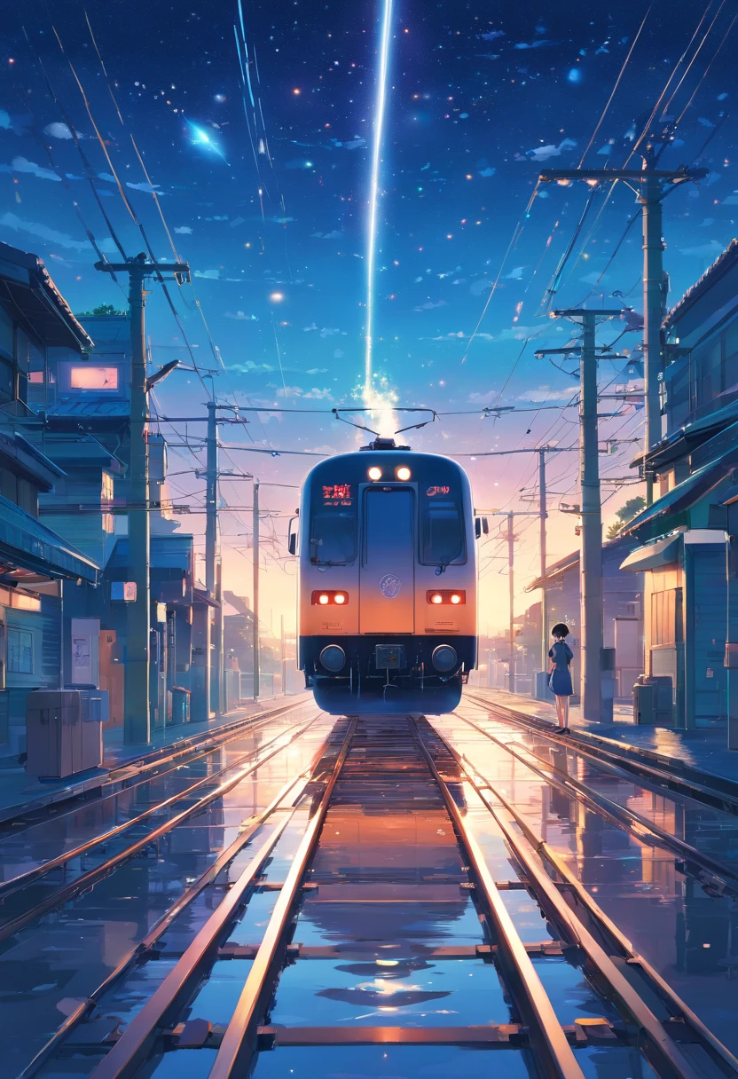masterpiece, Animated train passing through water on the tracks, Bright starry sky. Romantic Train, Makoto Shinkai's picture, pixiv, Concept Art, Lofi Art style, reflection. by makoto shinkai, Lofi Art, beautiful anime scene, anime scenery, Detailed Landscape — Width 672, in Makoto Shinkai's Style, Makoto Shinkai's Style, Enhanced Details.