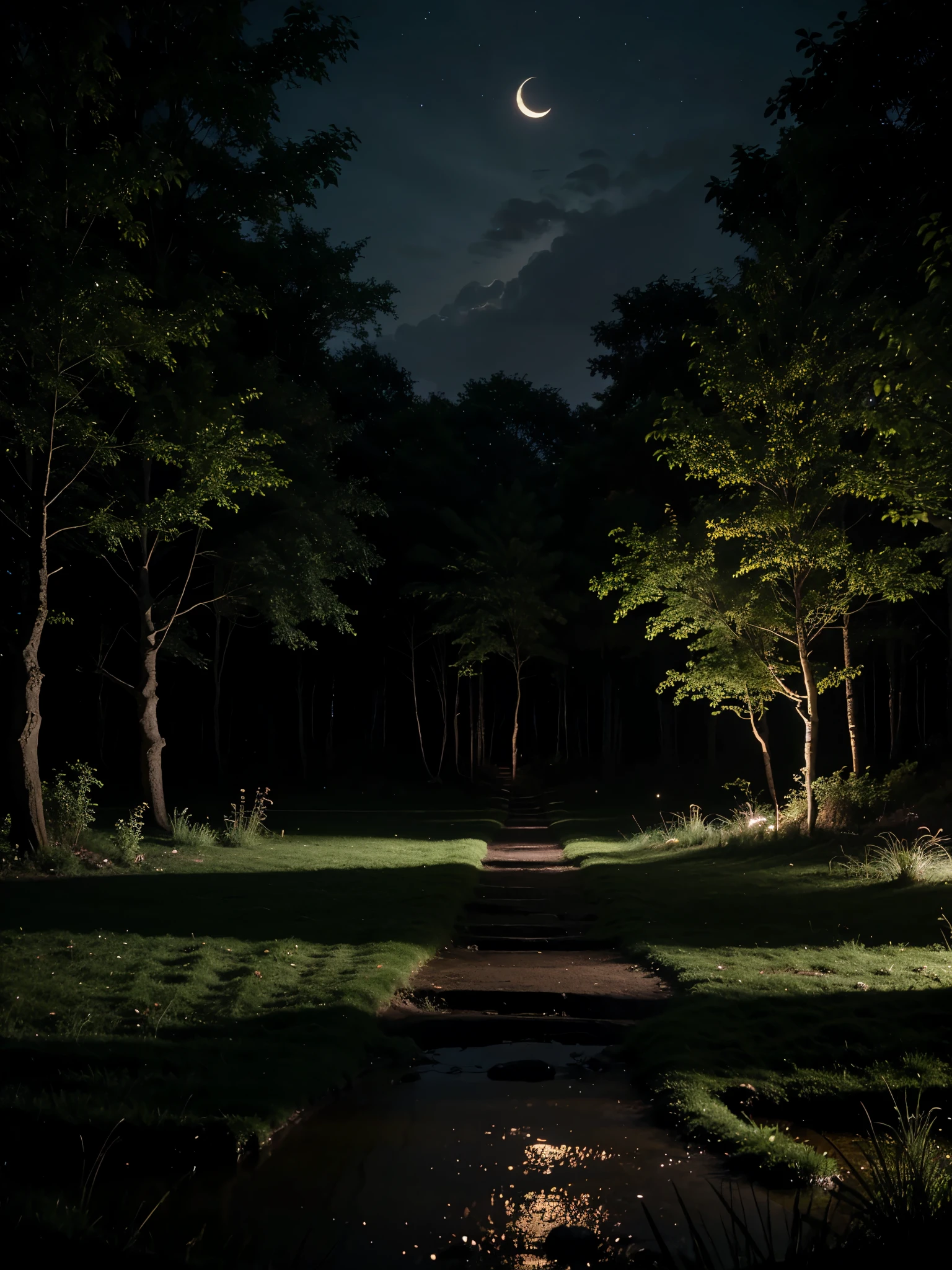 Night time in the midle of the woods. Make it Serenity with calm environment.