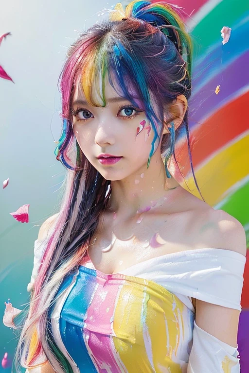 （Pink Fashion T-Shirt：1.9），(colorfulな髪: 1.8), (All the colors of the rainbow: 1.8),(((((vertical painting：1.6))), （painting：1.6），front, comics, figures, paintings, Big eyes, Clear eyes,（ Rainbow gradient high ponytail：1.7）, Exquisite makeup, Mouth closed,(Small Fresh: 1.5),(Wipe the chest: 1.6) ，Long eyelashes, White off-the-shoulder T-shirt,  White shoulder shirt，Looking at the audience, Big teary eyes, (Rainbow Hair：1.6), カラーsplash, （alone：1.8）, カラーsplash, An explosion of colors, thick paint style, Messy Lines, ((The Shining))，(colorful), (colorful), (colorful), colorful, Thick paint Style, (splash) (Color splash), Vertical painting, Upper Body, paint splash, Acrylic Pigments, Slope, paint, Best image quality, highest quality, masterpiece, alone, Depth of written boundary, Face paint,  colorful clothes, (elegant: 1.2), nice,Long Hair, Wind, (elegant: 1.3), (petal: 1.4)，(((masterpiece))),(((highest quality))),((Very detailed)),(figure),(Dynamic Angle),((floating)),(paint),((Disheveled Hair)),(alone),(One girl) , (((Detailed anima face))),((Beautifully detailed face)),collar,Exposing shoulders,Gray Hair, ((colorful hair)),((Striped Hair)),Beautiful fine details,(Slope color eyes),(((colorful eyes))),(((colorful background))),(((High saturation))),(((surrounded by colorful splashes))),