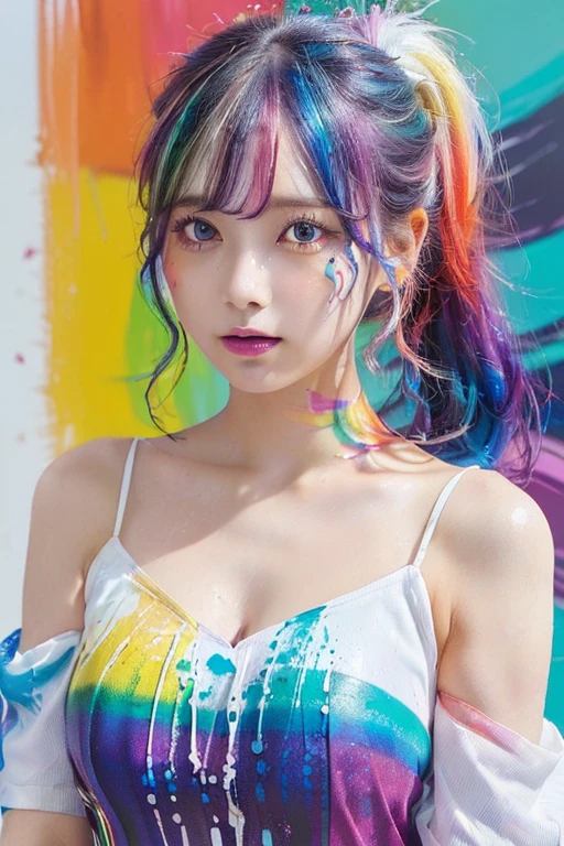 ((Large Breasts:1.2)),（Pink Fashion T-Shirt：1.9），（colorful hair：1.8），（All the colors of the rainbow：1.8），（（（（Portrait：1.6)）），（da pintura：1.6），frontage，Comic Strip,Awareness-raisingn,da pintura,Large Eyes,Crystal Clear,（Rainbow gradient high ponytail：1.7）,Delicate Makeup,Keep your mouth shut,(Small Fresh:1.5),(Bandeau:1.6),Long eyelashes,White Shoulder T-shirt, White shoulder shirt，View your viewers，Watery eye，Medium sized breasts，Do not expose cleavage，(Rainbow Hair：1.6), Splashes of color, （alone：1.8）, Splashes of color, An explosion of colors, Color Splash, An explosion of colors, 厚漆Wind，Messy Lines，((The Shining)) ，(colorful), (colorful), (colorful), colorful, Thick paint Style, (splash) (Splashes of color), Portrait, Upper Body, Paint splashes, Acrylic Pigments, Slope, paint, Best image quality, Best image quality, masterpiece, alone, Depth of written boundary, フェイスpaint, colorful clothes, (grace: 1.2), Gorgeous, 長いWhite Hair, Wind, (grace: 1.3), (petal: 1.4)，(((masterpiece))),(((The best quality at its best))),((Super detailed)),(Awareness-raising),(Dynamic Angle),((Floating King)),(paintwork),((Hair loss)),(alone),(One girl) , (( (Detailed anima face))),((Beautifully detailed face)),first round,Exposed bare shoulders,White Hair,((hair color)),((Striped Hair)),Beautiful fine details,(Slope color eyes),(( （Colored eyes））），（（（Colored Background））），（（（High saturation））），（（（colorfulな水しぶきに囲まれた））），