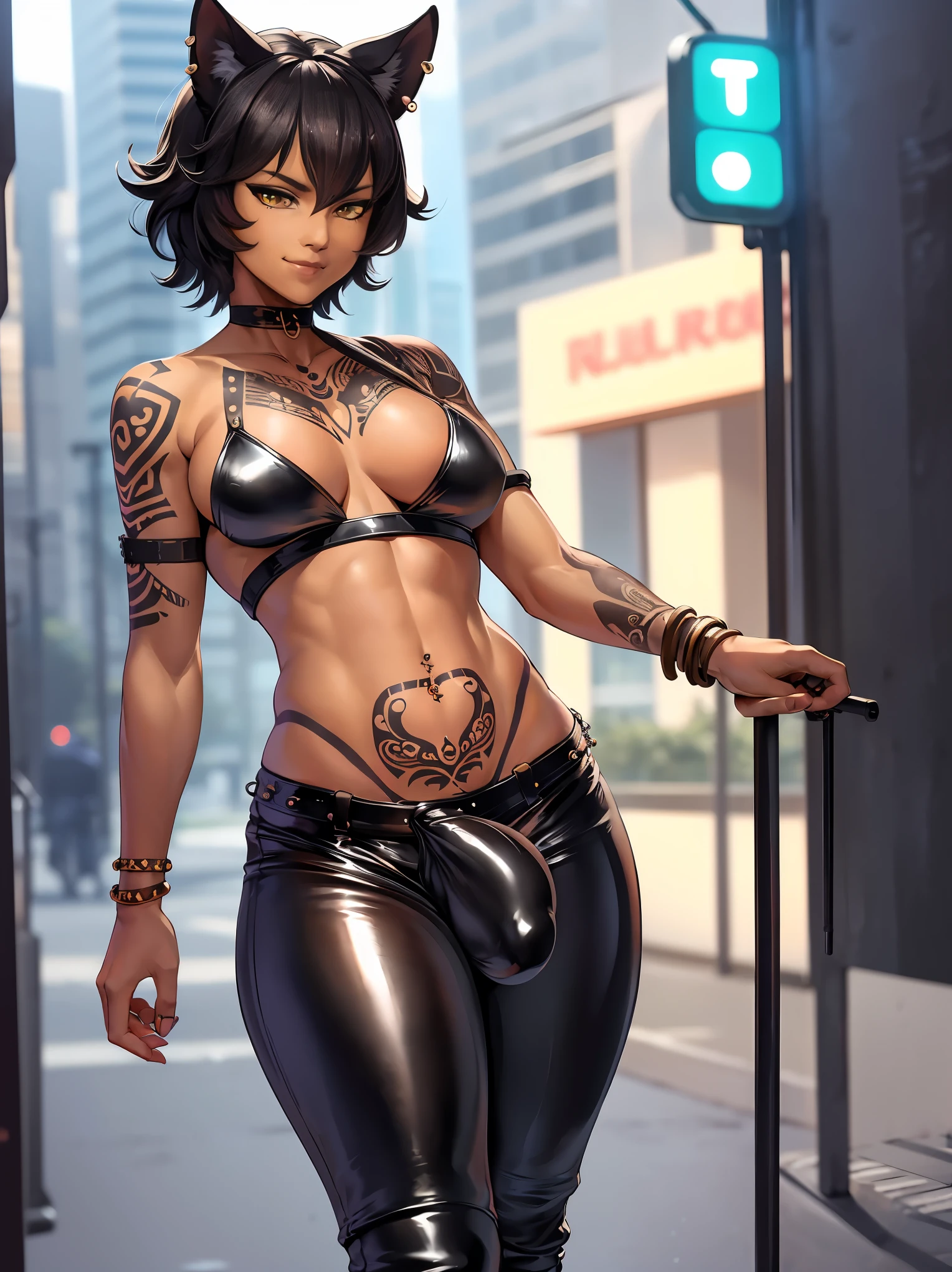 (solo:1.4),(masterpiece), (best quality:1.3), ultra detailed, intricate, professional art, digital art, absurdres, kalibelladonna, 1girl, bob hair, black hair, messy hair, cat ears, tanned skin, (tan skin:1.5), pierced cat ears, solo, Kalibelladonna wearing leather pants with a bikini top in the city , (full tribal shoulder Arm tattoo:1.4), navel piercing, (leather pants:1.4), full lips, smirk, universal lighting, fontal view, wide hips, testicle bulge, penis bulge, wide hips,
