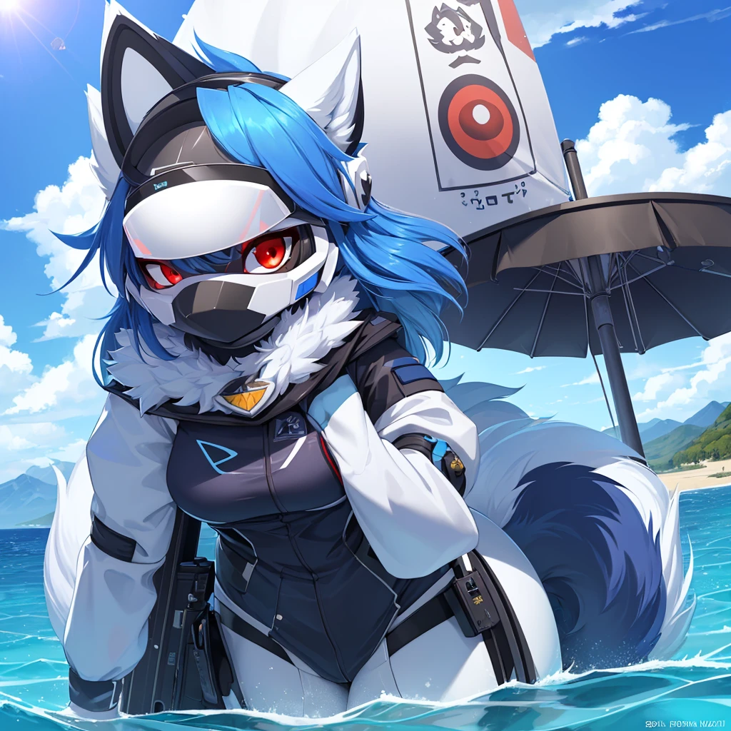 ((best quality, Masterpiece, perfect ???????, Detailed pictures)), 1 female, arctic protogen, arctic wolf, Long visor, white visor, red eyes, blue hair, sexy body, Big Pong, Future military clothing, fluffy tail, shy, in the sea, front view