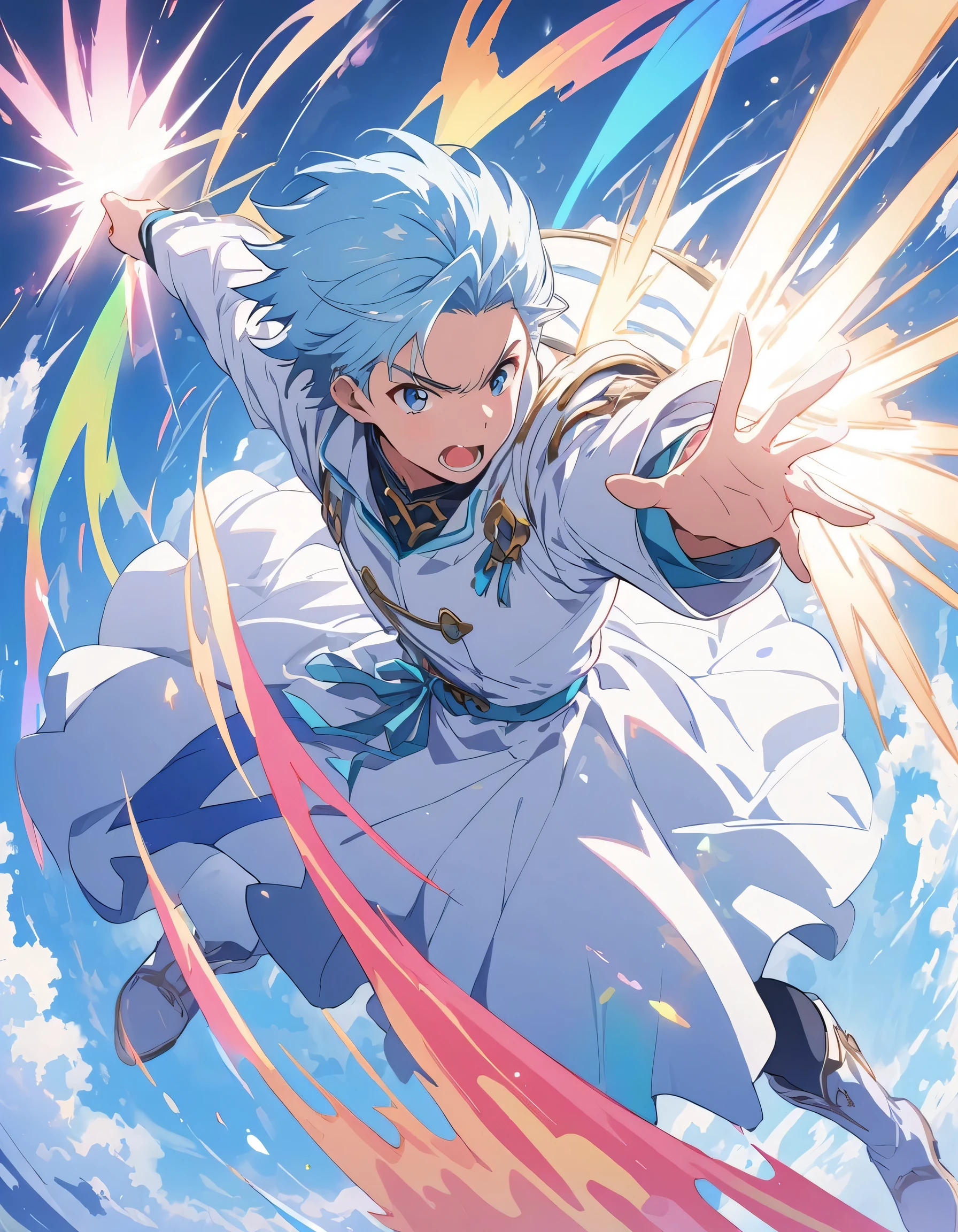 (1 young man:1.4、Brave)、(Handsome)、Fantasy、(White and light blue dress:1.5、Director's Suit:1.4)、(twin sword:1.4)、(A rainbow-colored sword in each hand)(highest quality、masterpiece、High resolution、detailed)、anime style、Flat Style、(eyes shining iridescent colors illuminated light,、Beautiful Face),  BREAK,extremely detailed、Slashing Effects、cool、Full Body、Dynamic Angle、anime
