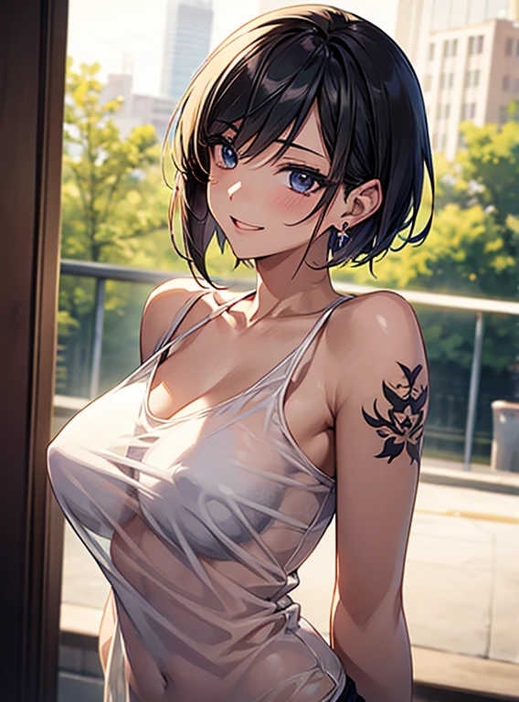 Attractive breasts、Beautiful and attractive anime woman, Enchanting anime girl, Top rated on pixiv、Short Bob、Healthy Body、OK、Laughter、See-through underwear、Earrings、Tattoos all over the back、quiet、Inconspicuous