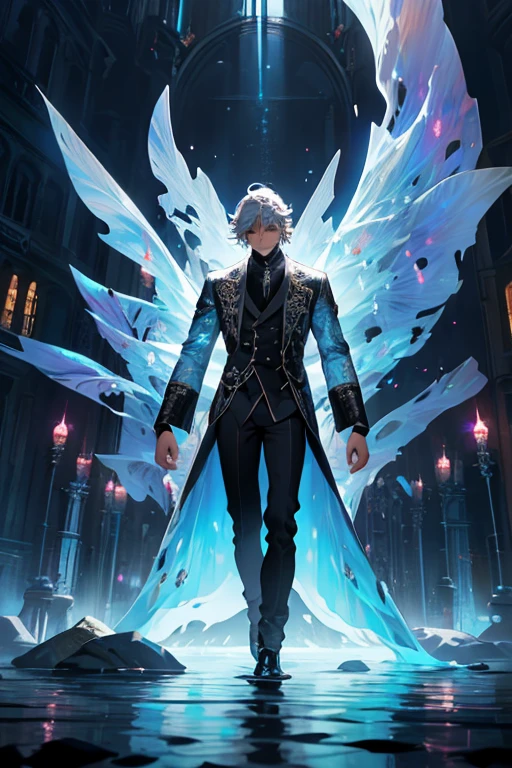 In a concert setting, Paganini and Vivaldi are portrayed delivering their most exquisite performance in heaven, as depicted in an anime and manga style illustration. The backdrop is an urban cityscape bathed in diffuse colors and RGB lighting, showcasing an intricately detailed depiction of a diffuse, hallucinatory man water spirit creature. They are enveloped by complex 3D projections of ethereal translucent fabric and luminous hollow cybernetic threads, all captured in a dynamic stance. This spectral concept art is a breathtaking visual feast, complete with light particles, double exposure, and radiant textures set against dark tones. It embodies boundlessness, unpredictability, and surrealism within a professionally composed piece that has garnered accolades. It is a tribute to creative liberty, artistic flair, and extreme, impromptu composition, all veiled by a black filter with a surreal motif. The scene is populated with diffuse beings and figures, crafting a haunting visual tableau. violinists