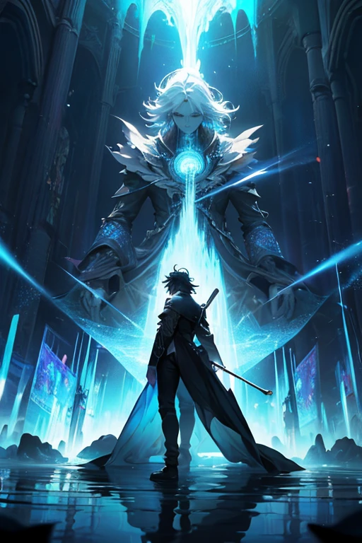 In a concert setting, Paganini and Vivaldi are portrayed delivering their most exquisite performance in heaven, as depicted in an anime and manga style illustration. The backdrop is an urban cityscape bathed in diffuse colors and RGB lighting, showcasing an intricately detailed depiction of a diffuse, hallucinatory man water spirit creature. They are enveloped by complex 3D projections of ethereal translucent fabric and luminous hollow cybernetic threads, all captured in a dynamic stance. This spectral concept art is a breathtaking visual feast, complete with light particles, double exposure, and radiant textures set against dark tones. It embodies boundlessness, unpredictability, and surrealism within a professionally composed piece that has garnered accolades. It is a tribute to creative liberty, artistic flair, and extreme, impromptu composition, all veiled by a black filter with a surreal motif. The scene is populated with diffuse beings and figures, crafting a haunting visual tableau. violinists