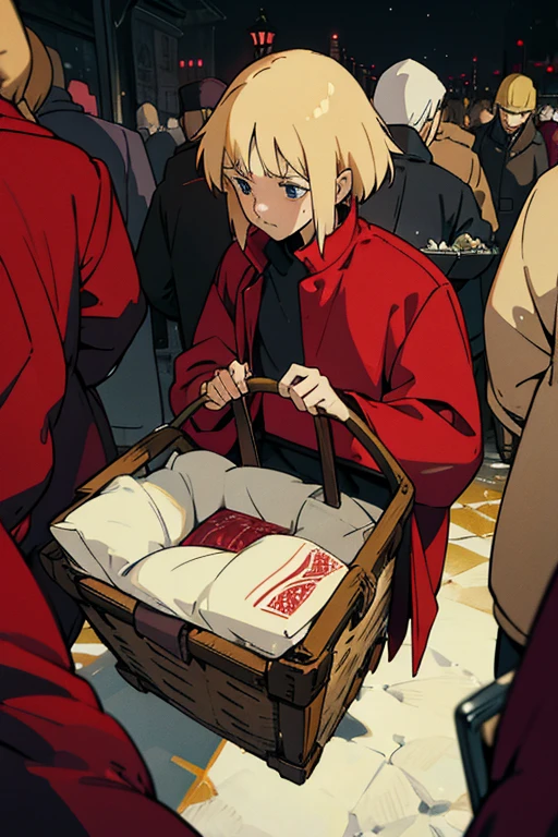 Wearing tattered red clothes, with golden hair, holding a basket in his hand, selling everywhere, surrounded by crowds. On a snowy night, his expression was sad
