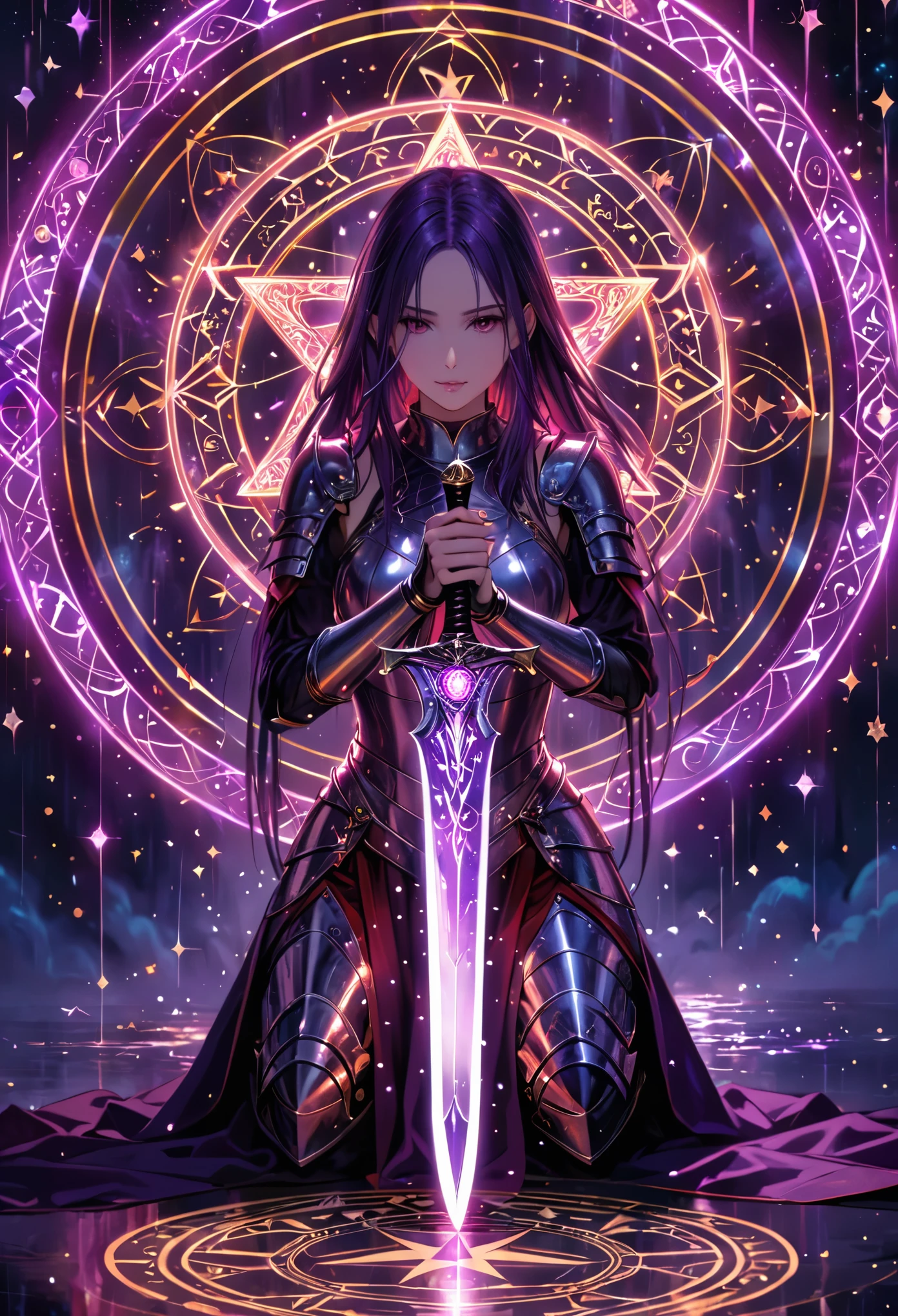 (best quality, masterpiece:1.2), ultra-detailed, glowing purple sword, ancient glowing symbols on the blade, a girl wearing armor, kneeling under the sword, long flowing hair, silver armor, black and red electric arc hexagram magic circle background, magical effects, detailed magic circle, detailed hexagram, intricate sword handle texture, thick breath mist., Surrealism, 4k, 8k, highres, best quality, highres, anatomically correct, textured skin
