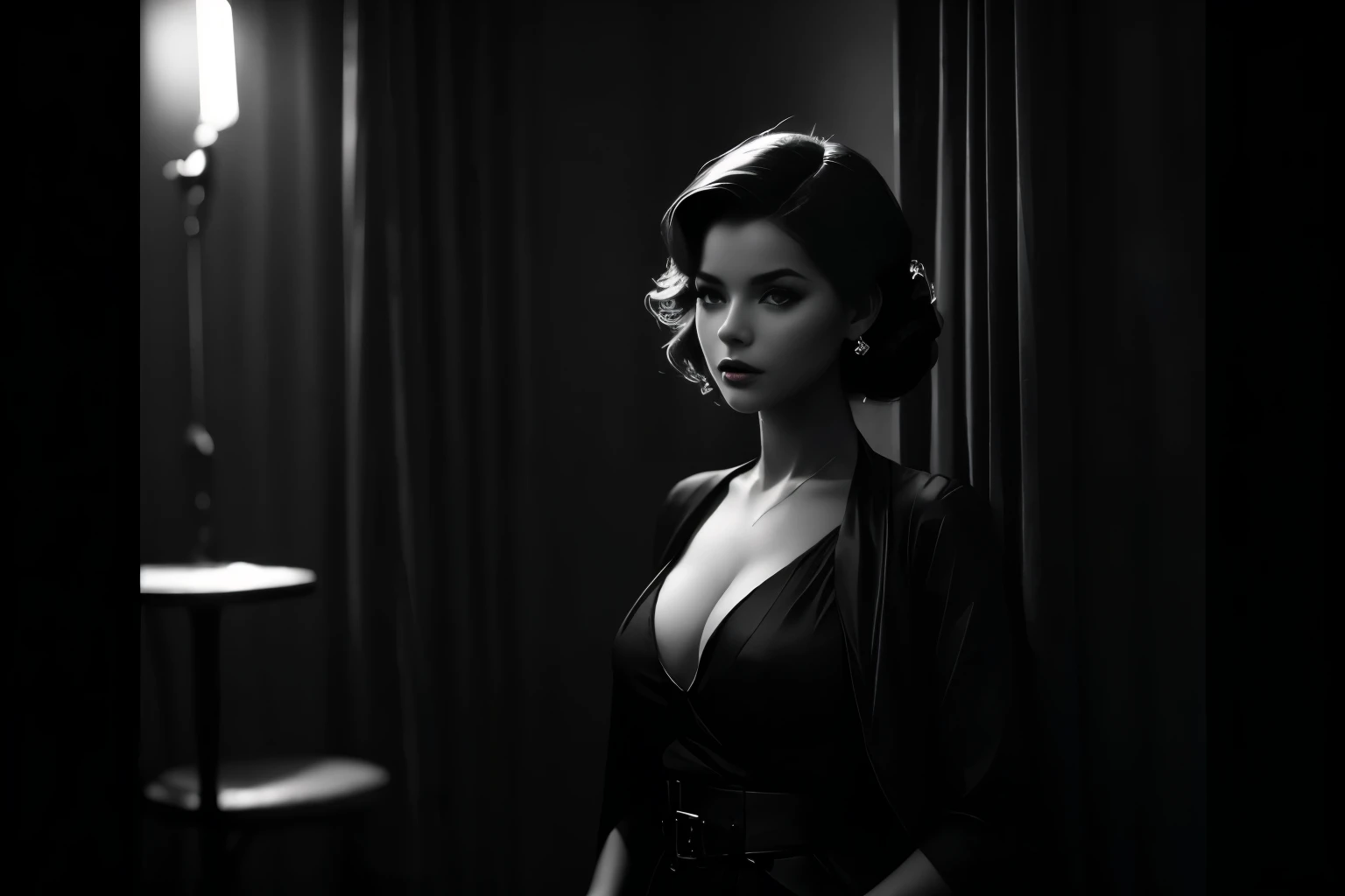 film noir style, bellissima, 1girl, solo, half body, dramatic lighting, monochrome, high contrast, dramatic shadows, 1940s style, mysterious, cinematic