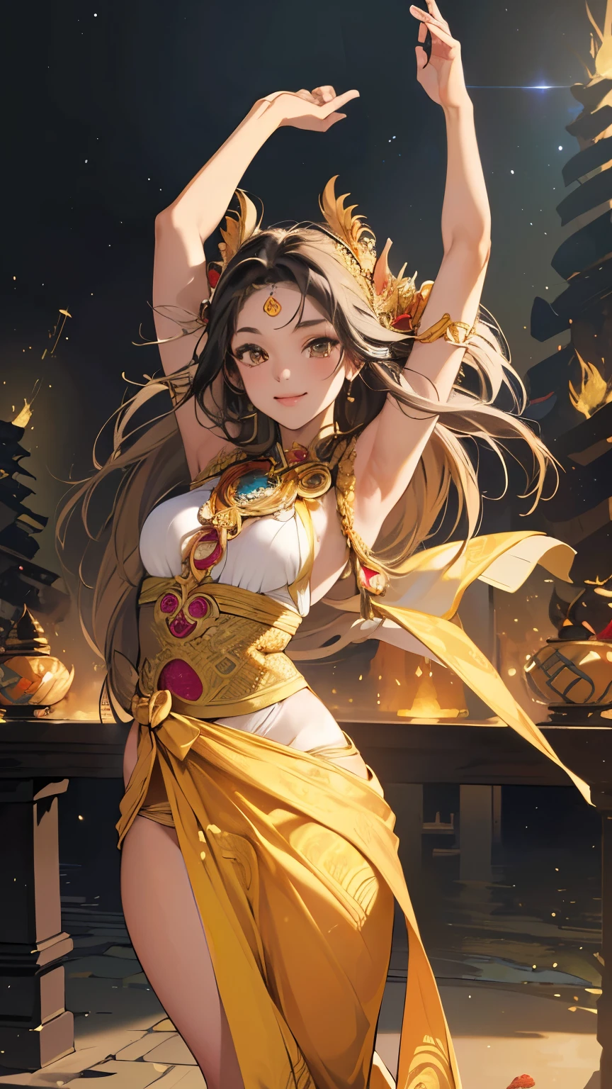 (absurdres, highres, ultra detailed),masterpiece,best quality,high resolution,8k,Realistic face,Realistic skin texture,magnified textures, stunning clarity,ultra detailed anime girl,tanned skin,(Balinese Traditional Costume:1.5),(dancing pose:1.2),space colony,stone temple near the sea,look at viewer,smile,big ass