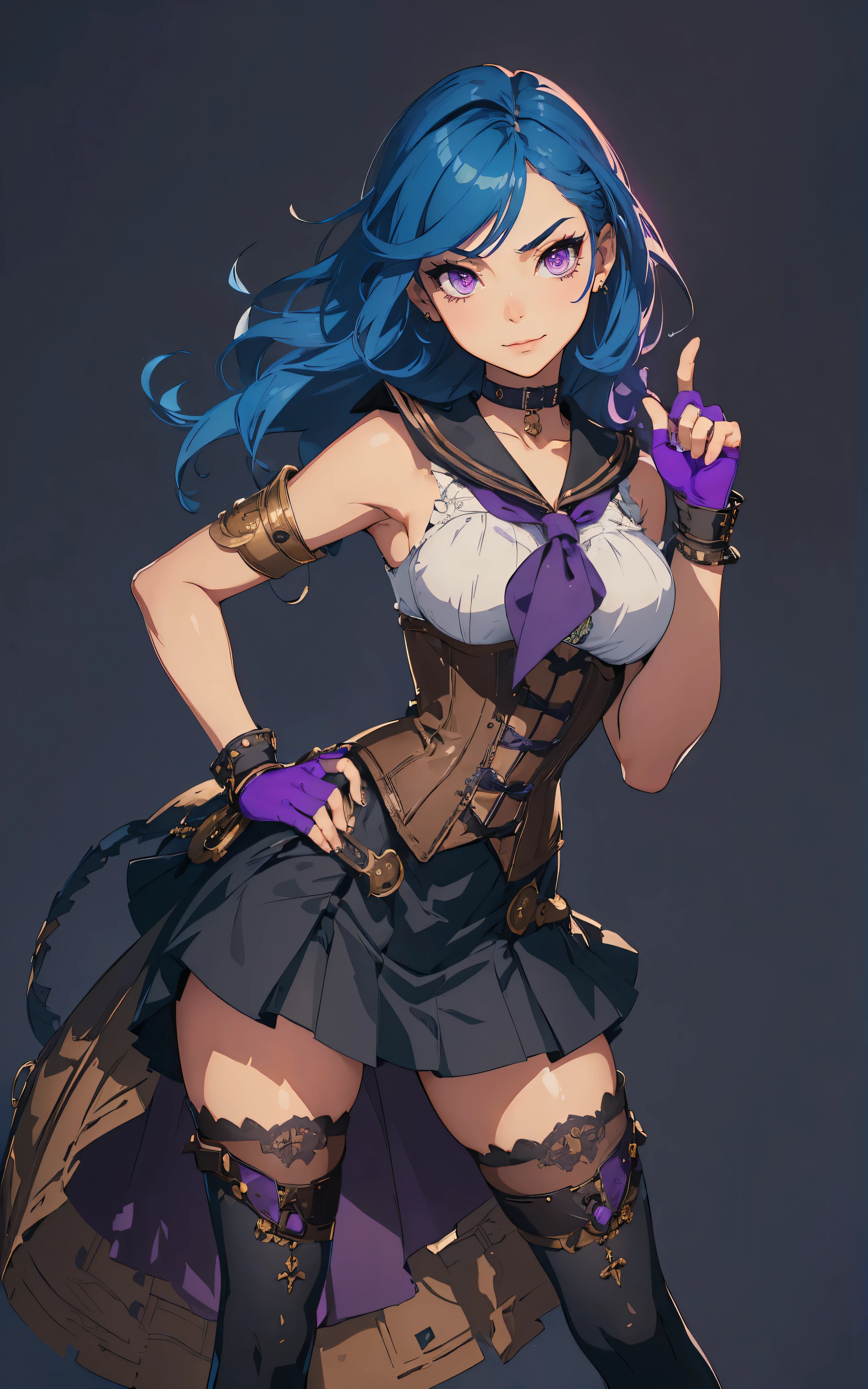 masterpiece, high quality, illustration, extremely detailed, steampunk town, standing, 1_women, (full body), (bright blue hair), medium length hair, cute bangs, flowing hair, (exotic skin_complexion:1.4),mature, tall, (hand on hip), (purple fingerless_gloves), beautiful, exotic, elegant, slim, (((sailor collar))), black thigh highs, choker, medium bust, (brown steampunk corset), black Lolita style skirt, knee high heel with laces, (sleeveless), diamond shaped eyes, (((purple eyes))), dark_eyeliner, long_eyelashes), natural dynamic lighting, (smirking), steampunk
