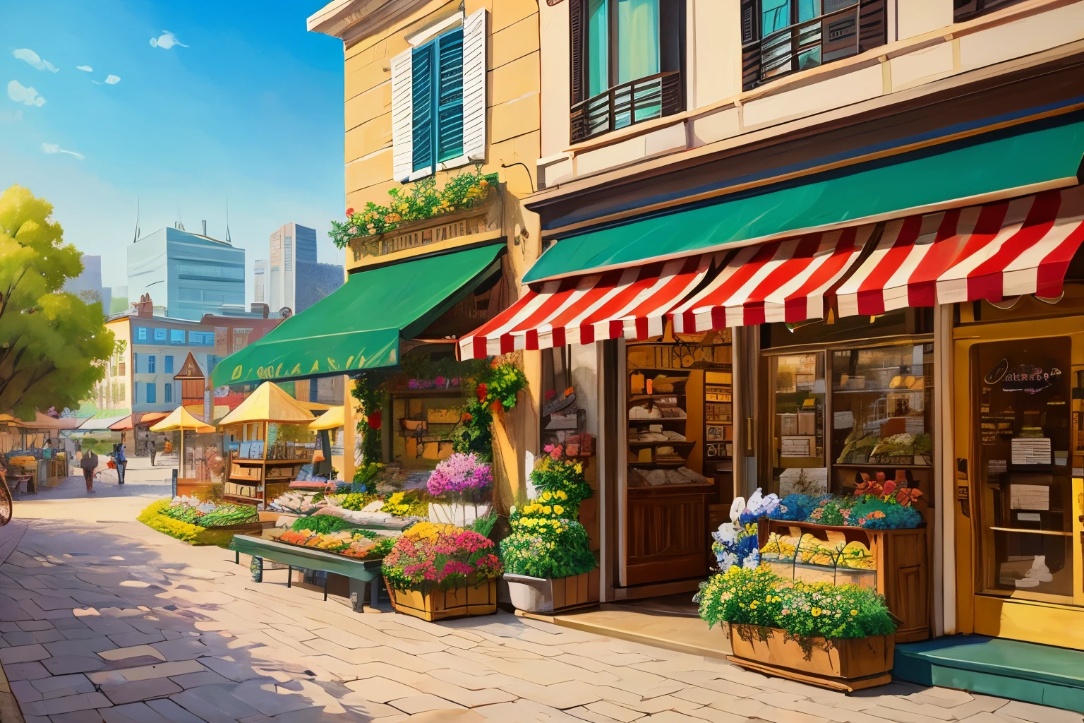 Landscape painting,modern,City,Streetscape,Florist,Shopping Street,sunny
