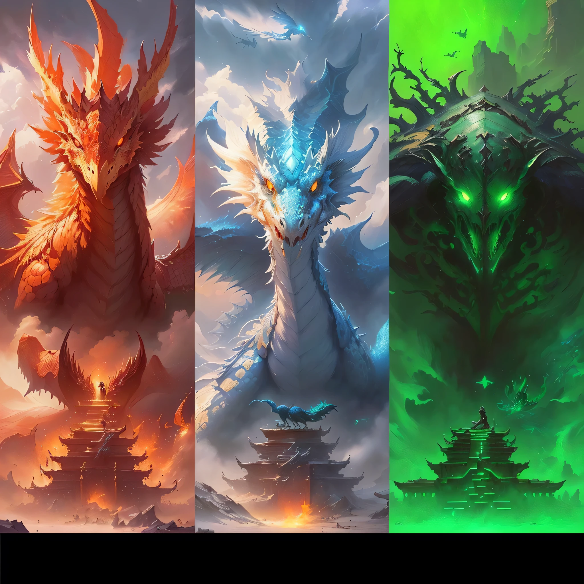 There are three different colored images of dragons and birds, Epic fantasy digital art style, epic Fantasy art style, epic Fantasy card game art, Symmetrical epic fantasy art, Magic: The Gathering Art Style, Colorful concept art, epic Fantasy art style hd, Fantasy card game art, Fantasy art style, Epic Fantasy Card Game Art, fantasy art behance