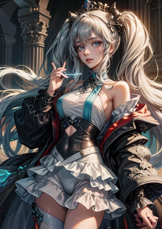 fine illustration,ultra detailed,highres,from below,cool beauty,gramer woman, cute pose,gothic_ice dress,silver_glistening long hair,ice queen,ice world,ice crystals flowers,detailed bodysuit with glittery kaleido decoration, detailed layered skirt, detailed embroidery, extremely layered frills, detailed texture, detailed pattern,slender and beautiful legs, --niji 5** - (fast)