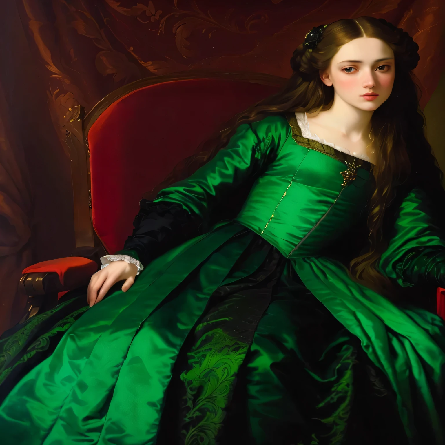 arafed woman in a green dress sitting in a red chair, inspired by Mary Beale, inspired by Stanislas Lépine, in a high renaissance style, portrait of a young empress, inspired by Emanuel de Witte, inspired by Salomon Koninck, inspired by Johannes Cornelisz Verspronck, 1 7 th century duchess, renaissance style