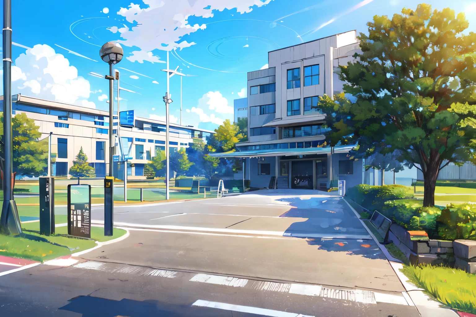 (masterpiece:1.2),best quality,Blue file background,Monolithic exaggerated building，Overlooking视角，On campus，Multiple buildings，Building，playground，School，track，Basketball hoops，Overlooking，No humans,outdoor,landscape,Tree,sky空,cloud,symbol,road symbol,sky,road,blue sky空,Grass,电力线road,shadow,Fence,vending machine,telephone pole,Tree，