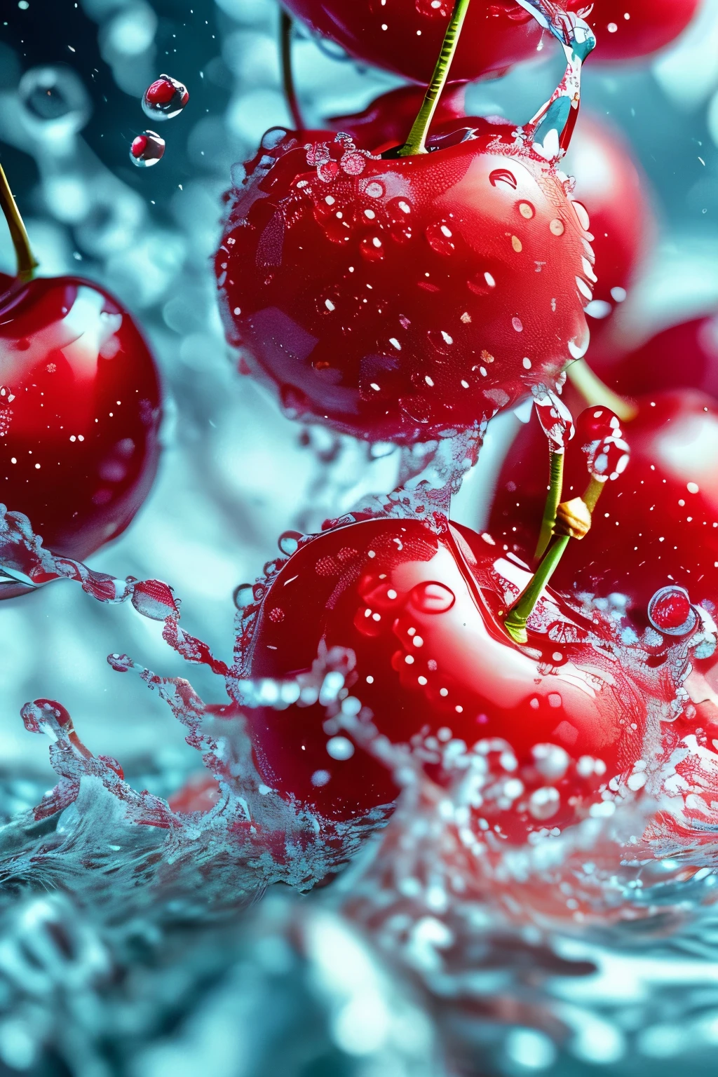 Real photography of 3 cherries falling into water and splashing with water droplets. Commercial advertising style, macro shot, background, warm lighting, cool colors creating splash effect. The cherry is dotted with white light spots, and the cherry falls from above, forming a splashing liquid water ball. HD photography quality.