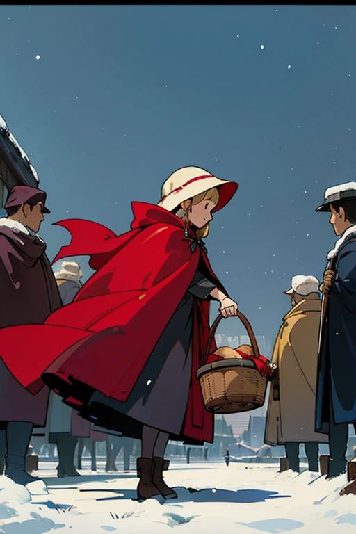 Wearing a tattered red cloak, wearing a hat with a cloak, golden hair, a little girl, holding a basket in her hand, selling everywhere, surrounded by crowds. On a snowy night, the sky was filled with snow, and her expression was sad