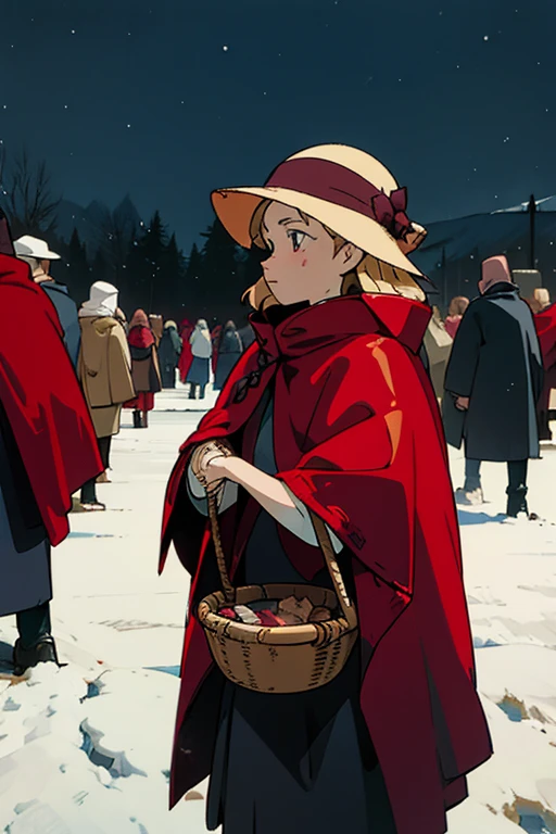 Wearing a tattered red cloak, wearing a hat with a cloak, golden hair, a little girl, holding a basket in her hand, selling everywhere, surrounded by crowds. On a snowy night, the sky was filled with snow, and her expression was sad