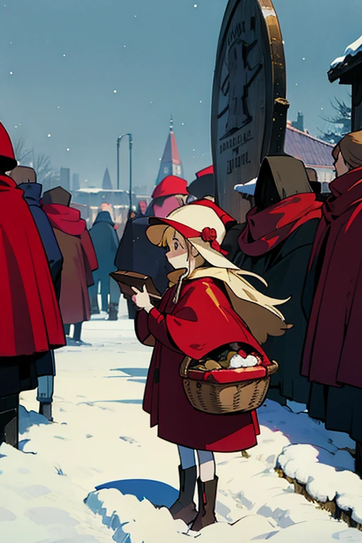 Wearing a tattered red cloak, wearing a hat with a cloak, golden hair, a little girl, holding a basket in her hand, selling everywhere, surrounded by crowds. On a snowy night, the sky was filled with snow, and her expression was sad