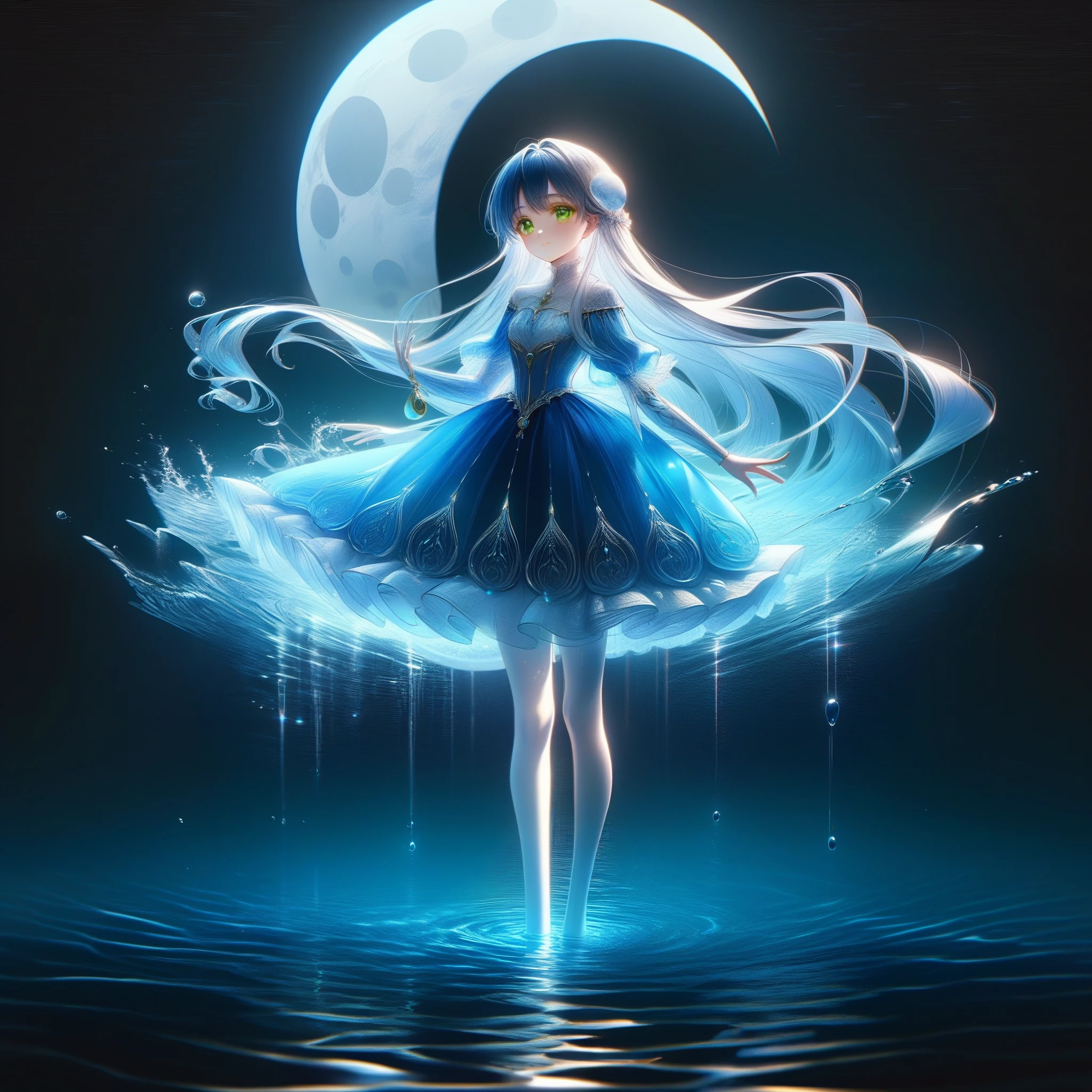 one princess standing on water (1:3), at night, the young siter taste, pale blue moon, cute face, blue semi-long hair, emerald green eyes, shy, looking at you, illusory scene, calm, impressive, full body, ((portrait)) ((masterpiece, best quality, ultra-detailed, an extremely delicate and beautiful)), ((photorealism, hyperrealism)), ((extremely detailed CG unity 8k wallpaper)), ((award winning, ccurate, UHD, textured skin, chromatic aberration, perfect anatomy, golden ratio)), (exquisite attention to detail), ((perfect_composition, perfect_design, perfect_layout, perfect_detail, ultra_detailed)), ((aesthetic harmony)), ((aesthetic style))