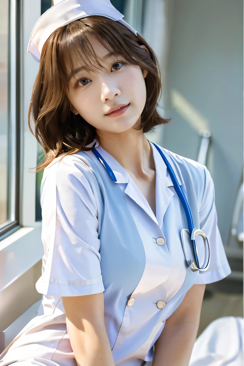 highest quality, Photorealistic, Very detailed, finely, High resolution, 8K Wallpaper, Professional, High level of detail, ((One 18 year old girl:1.2)), Slender Japanese women,Pretty lips, (Long eyelashes:1.2)、Detailed clavicle, Perfect Face, (Cute short bob hair:1.5),Top Quality,Ultra-clear resolution,Clear Eyes,Sunburned skin,Perfect large breasts,have perfect legs,Focus on the legini skirt、(White nurse uniform on bare skin:1.5)、Sexy pose in hospital room、An inviting, seductive face、