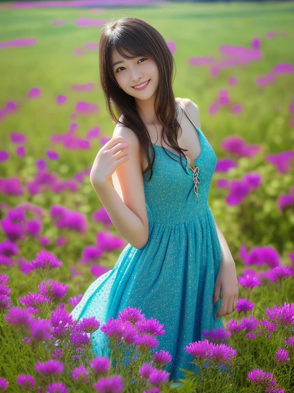 Photo-realistic quality、A Japanese woman wearing a pale, sheer blue dress standing in a cosmos field, Standing in a cosmos flower field,, Young and skinny gravure idol, 20Year old Japanese beautiful girl model, Looking at the camera、Very cute model, Young and cute gravure idol、Smiling cutely、A pure and gentle expression、Slightly large breasts、looking at the camera、Detailed and beautiful eyes、Clear morning light