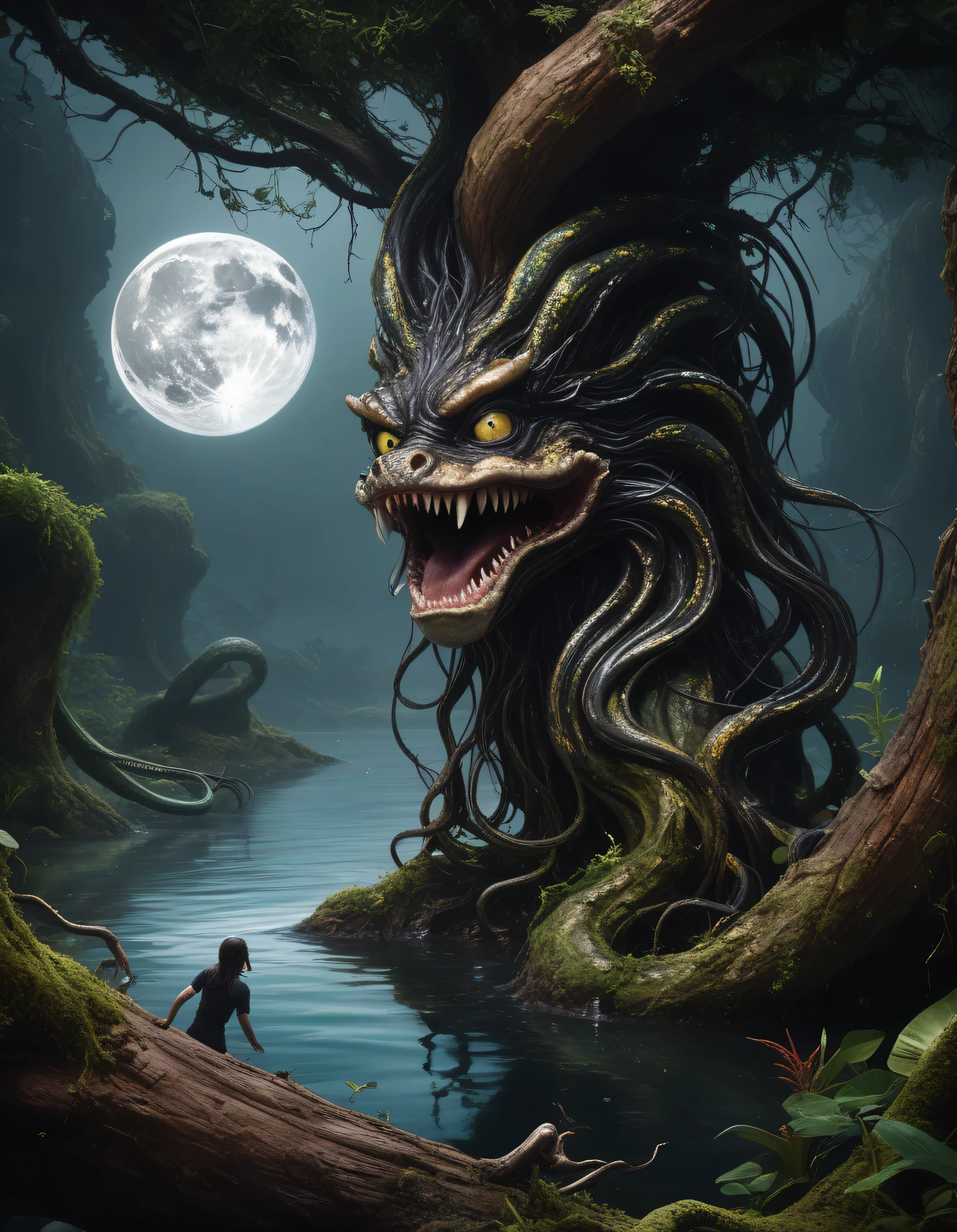 Chalcopyrite Mermaid,moana,golden black make up,longhair,goblin,freckles,pretty face,eyebrow up,full body shot,ominous landscape, black snakes crawling, glate gray atmosphere,Simon Stalenhag,Nicola Samori,Wangechi Mutu,prime colors,Lisa Frank,fantasy nature on background,chinesse,pixie,sea,under water,RAW,Retina,full body length,Obsidian Chalsedoon Nightcrawler,ominous landscape, niobium Obsidian atmosphere,dangerous atmosphere,intricate details,realistic humid skin,extremely intricate details,Epic Realistic, cinematic style,film grain,dramatic light,anatomically correct,faded,eyes extremely detailed, high detailed eyes,UHD,Retina,HDR,CinematicTechnicolor,snake skin textures, hyper realism, hyper detailed,High contrast,Realism,Ultra Detailed,irina yermolova,close full body shot, masterpiece,faded,8k resolution,RAW, Nikon Z9,Rakotzbrücke of Germany,(1 terrifying and charismatic monster made from a Cave Swamp tree trunk, have a very pronounced mouth), Branches come out from the head, holding an notice board made out of tree trunk or wood, showing notice board to viewer, look at the camera, hypnotic and detailed eyes, built into the tree itself, be confused with them, merged with nature, black snakes surrounding, dark energy, spectrum, very detailed, Natural light, Posthuman, face, neutral, meat, The horror of the universe, alien organic nightmare, fantasy, dream as art, higher resolution,8K,QG, very detailed 8K wallpaper, Complex, high detail, sharp focus, dramatic (full moon), realist, works of art, better quality, space, universe, magic, Complex, very detailed, kind, sharp focus, dramatic lighting, chromatic aberration, Depth of the bounds written, soft lighting, ,tentacles from skull full moon, transmitted by blood, corporal horror