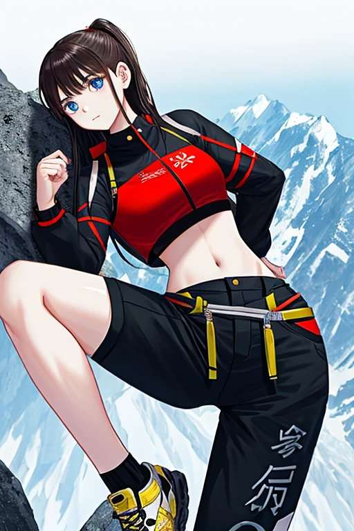 Beautiful girl climbing mountain、Midriff-baring explorer outfit