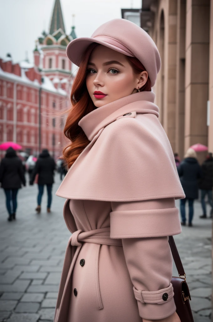 [Profile picture, a view from back] A close-up portrait of a gorgeous, beautiful, elegant russian woman wearing a stylish urban outfit: a black leather trench coat, newsboy cap and pink scarf she carries a big leather backpack. A redhead woman from Russia, delicate red lips, pastel pink skin tone, wearing a pale pink scarf, and tricolor sweater, soft flawless pale skin. Curvy figure, rounded hips, thick thights, lifted glutes. 
Classy redhead woman, a majestic lady, dream beauty, ethereal beauty, angelical face, delicate, sensitive, tender, femenine and strong woman. She's making a photo book on red square, posing for camera.