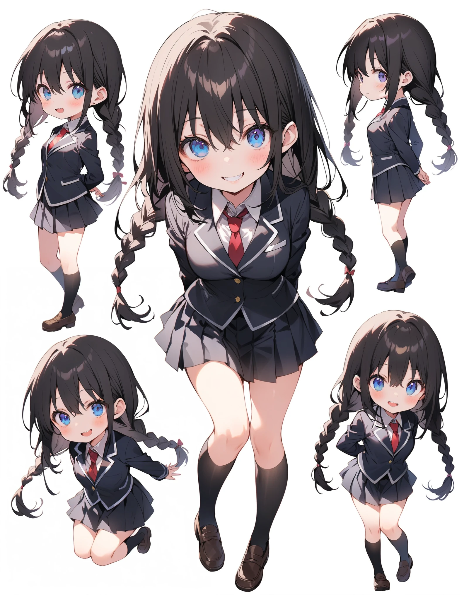 White background、Solid white background、Blank background、just standing girl, One Girl、コミカルなMedaka、Medaka、Ultra-high resolution, highest quality,fish-bone braid hair、Fishbone Hair、black hair、Full body shot,arms behind back、Put your hands behind your back、Hide your hands、busty、beautiful detailed eyes、Black hair × Blue eyes、blue eyes、Open your mouth without showing your teeth、Smile with mouth wide open、 Black long sleeve blazer,Black pleated skirt、Knee-high socks、loafers、