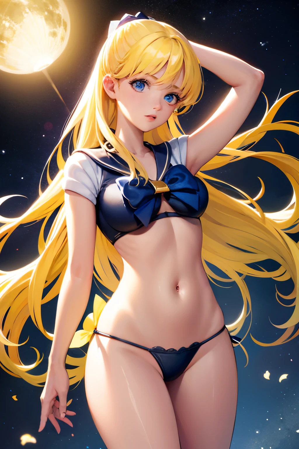 sailor venus, 4k quality, (masterpiece), photorealistic, 1 woman, blonde hair, blue eyes, expressive eyes, beautiful woman, long hair, tiny white bra, black lace, white panties, in a bar