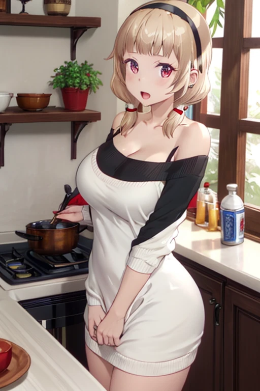 masterpiece, yor, 1girl, Amazing Cleavage:1.3, thin waist, big ass, Raised sexy, medium breast: 1.6 posed cleavage:1.2、solo, looking at viewer, open mouth, have a cup of coffee,black hair, red eyes, dress, bare shoulders, jewelry, collarbone, sidelocks, hairband, earrings, indoors, off shoulder, :o, sweater, arms behind back, plant, short hair with long locks, white hairband, off-shoulder dress, sweater dress, off-shoulder sweater, red sweater:1.2, big side hair, very long side hair,is rendered in (masterpiece: 1.2, best quality), with (ultra high resolution) and an exquisite (depth of field). This masterpiece is not only visually stunning but also tells, make of cooking chainese foods ,in the kitchen