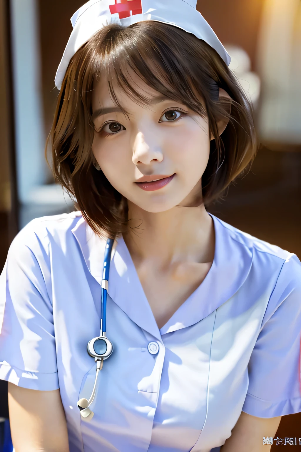 highest quality, Photorealistic, Very detailed, finely, High resolution, 8K Wallpaper, Professional, High level of detail, ((One 18 year old girl:1.2)), Slender Japanese women,Pretty lips, (Long eyelashes:1.2)、Detailed clavicle, Perfect Face, (Cute short bob hair:1.5),Top Quality,Ultra-clear resolution,Clear Eyes,Sunburned skin,Perfect large breasts,have perfect legs,Focus on the legini skirt、(White nurse uniform on bare skin:1.5)、Sexy pose in hospital room、An inviting, seductive face、