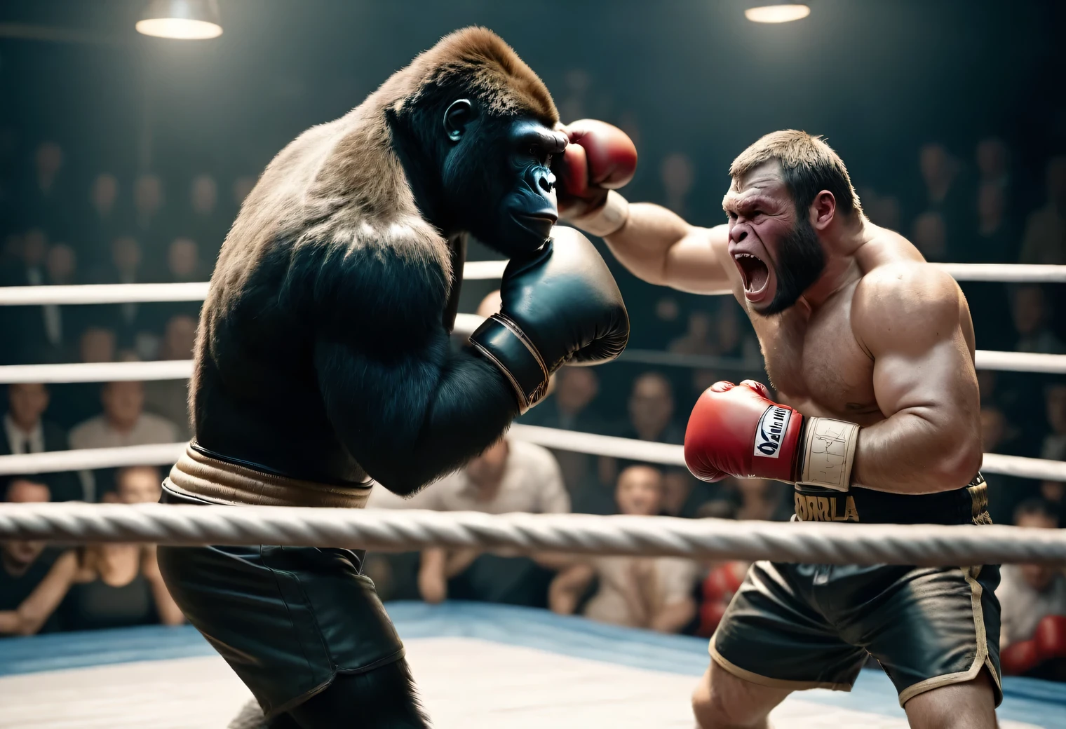 Boxing match, Gorilla vs Bear in the ring in boxing gloves, cruel faces, emotions of anger, grin, sweat, tension, active scene of striking an opponent, only 2 characters, spectators in the background, high resolution, real, detailed, Cinematic frame, Cinematic