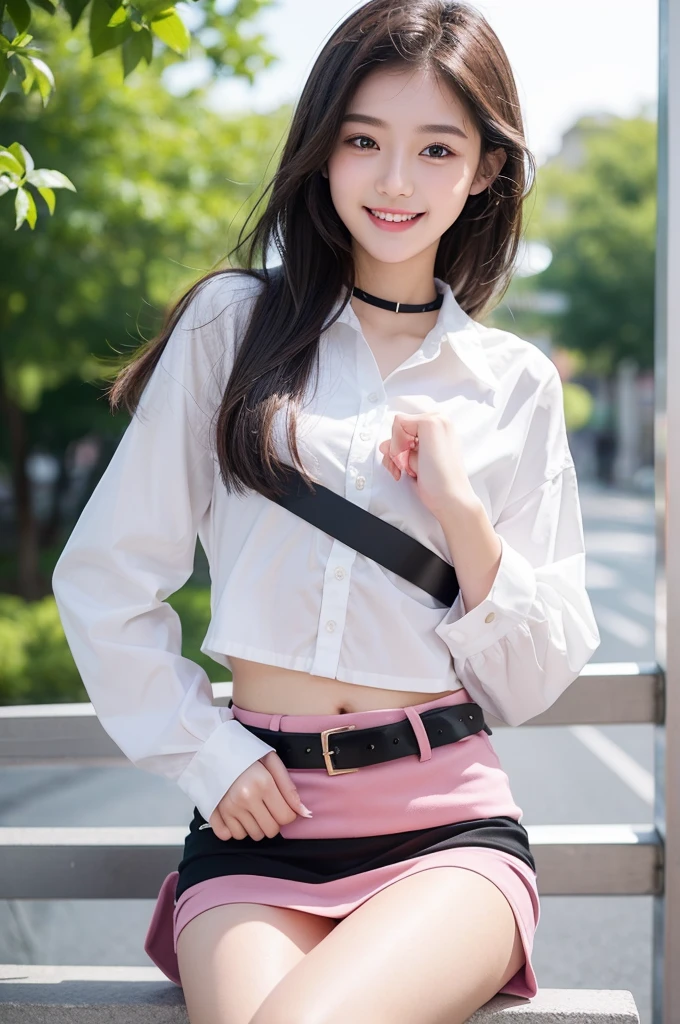 Beautiful Girl 18 years old is smiling in University. She wear white shirt with bottons and black short mini skirt. Small legs, brown belt , put on make up, pink mouth, sexy post.