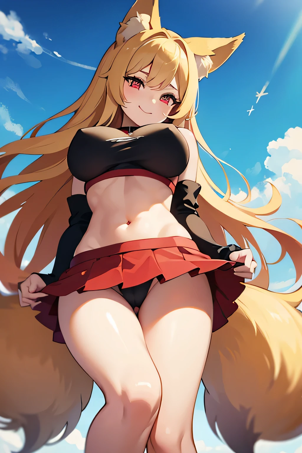 Masterpiece、Big Breasts、Underboob、Fox ears、Long blonde、Red Eye、Sports Bra、mini skirt、Panty shot、smile、Angle from below